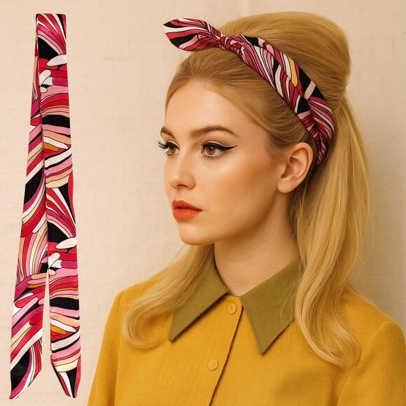 Slim Scarf 34inch Abstract Swirl Print Hair Accessory Pink Red Black No29 - Picture 1 of 8